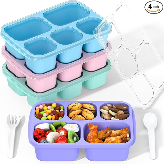 Bento Box Adult Lunch Box - 4 Pack, 5 - Compartment Meal Prep Container for Kids, Reusable Food Storage Snack Containers - Stackable for School, Work, and Travel (PP(Blue/Pink/Green/Purple))