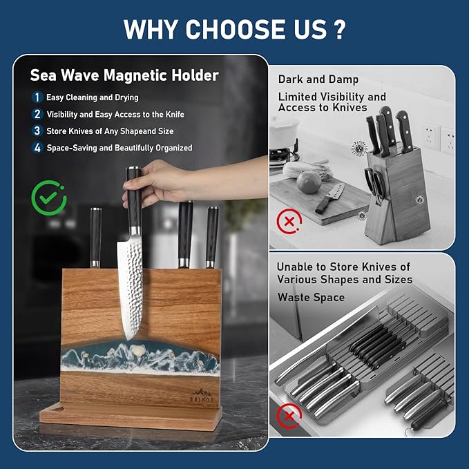 Original Sea Wave Magnetic Knife Block, Double Sided Knife Holder Holds Up To 10 Knives, Wooden Knife Storage Organizer for Counter Top without Knives (12 X 10 Inches)