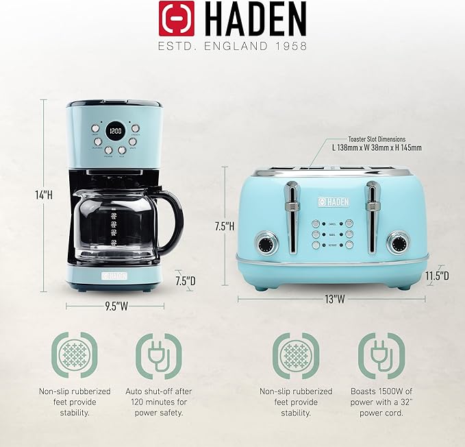 Haden 12 Cup Programmable Drip Coffee Maker Coffee Machine Bundled with Heritage 4 Slice Wide Slot Stainless Steel Toaster, Turquoise & Chrome