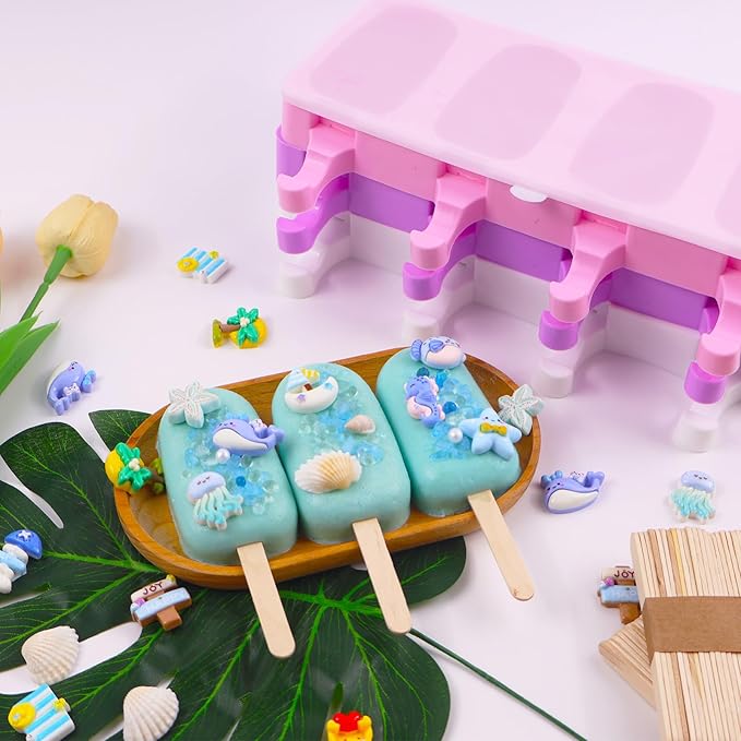 3pcs Large Silicone Popsicle Molds with Lids,4 Cavities Cake Pop Molds,Oval Ice Cream Bar Mold Ice Pop Cakesicle Molds Silicone with 100 Wooden Sticks & 100 Bags &100 Twist Ties(Purple)