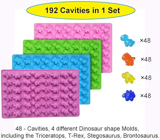 KRLIFCSL Mini Gummy Dinosaur Silicone Candy Molds, Non-Stick Chocolate Molds for Making Fruit Gummies, Chocolates, Vitamin Candy, Party Novelty Gift, Pack of 4 with 4 Droppers (Mini Dinosaur)
