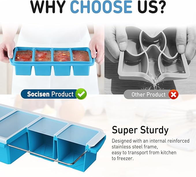 Silicone Freezer Tray with Lid Soup Freezer Container Molds with Steel Reinforced Rim for Freezing Soup Sauce Broth Leftovers large Ice Cube Molds Oven Dishwasher Safe Ice Trays for Freezer with Bin