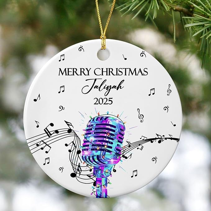 Customized Microphone Recording Ceramic Ornament, Personalized Year Text Name Microphone Lover Ornaments Gift for Women Men Inger Vocalist Musical, Unique Vocals Microphone Ceramic Xmas Ornament 2025