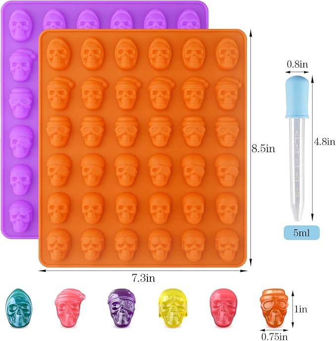 HUAKENER Gummy Skull Candy Molds, 2 Pack Chocolate Molds with 2 Dropper, Silicone Molds for Chocolate, Candy, Jelly, Dog Treats, Ice Cube, Resin Casting