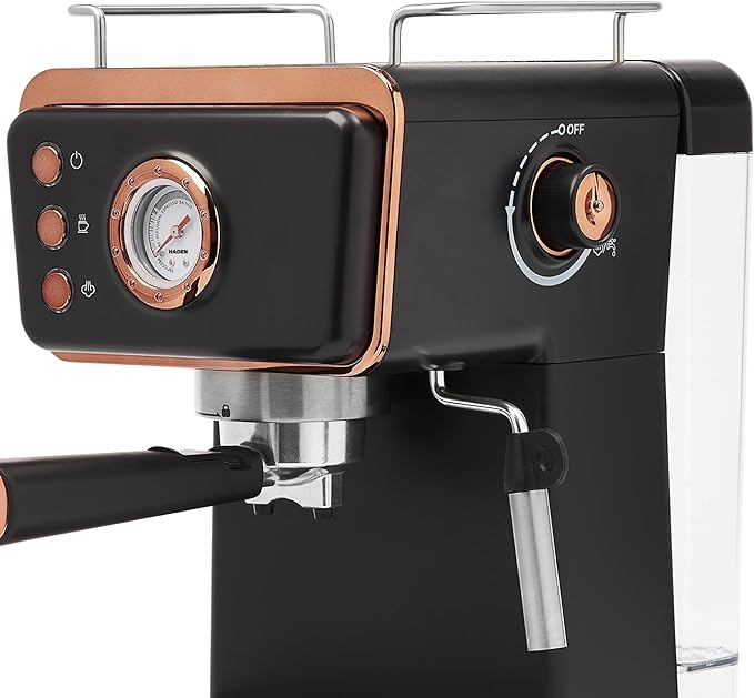 HADEN Barista Brew Espresso Coffee Machine, Stainless Steel Espresso Maker with Milk Frother and Steamer Function and 1.5L Water Tank, Black & Copper