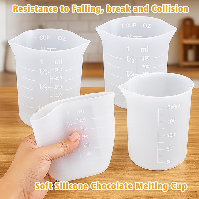 Palksky Silicone Cups for Melting Chocolate, 4PCS Silicone Measuring Cups with 250 & 350ml Capacity, Reusable Baking Supplies for DIY Chocolate Molds