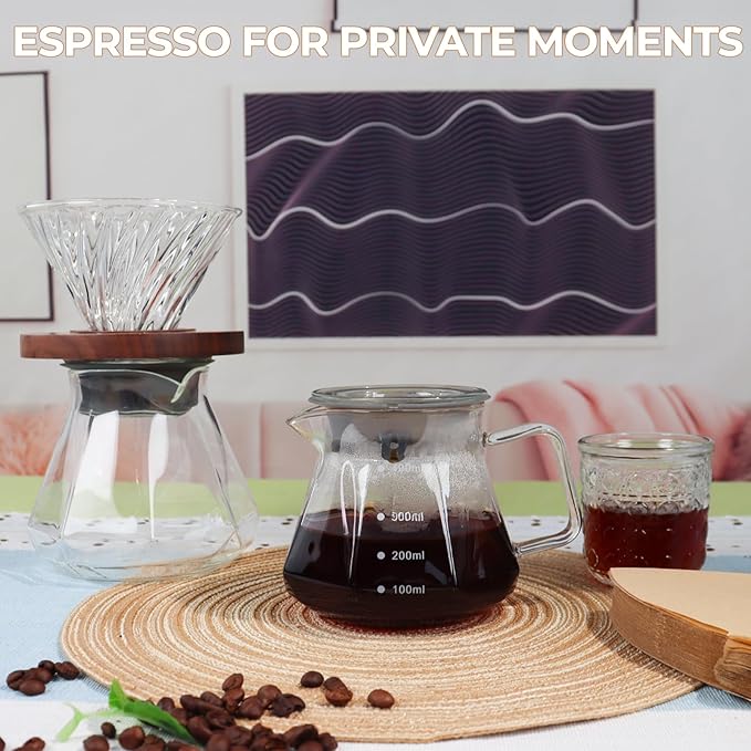 Pour Over Coffee Maker 400ml Borosilicate Glass Drip Coffeemaker Server Set with 50pcs V60 Cone Paper Filters Walnut Collar Glass Lid Clear Hand Brew Dripper Carafe for Home Camping Travel 13.53oz