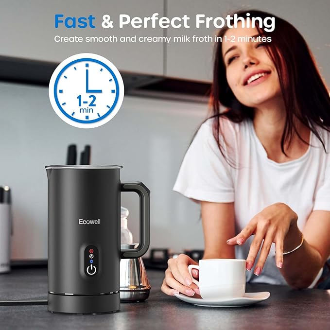 ECOWELL Automatic Milk Frother Heater Milk Boiler, 4 in 1 Electric Coffee Steamer for Heating Milk, Warm and Cold Foam, Coffee Latte, Macchiato, Cappuccinos, Hot Chocolate WMMF01, 8.1oz/240ml,Black