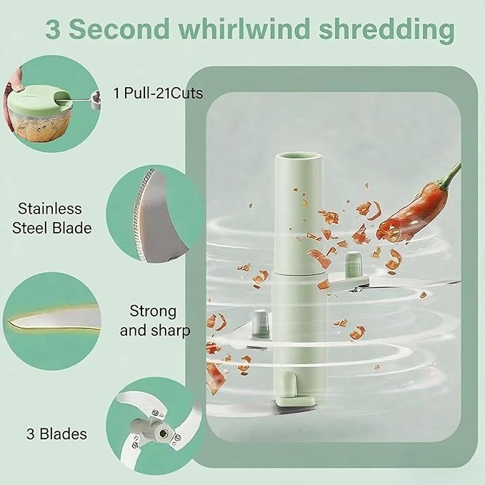 Manual Food Processor Vegetable Chopper,‌ Portable Hand Pull String Garlic Mincer Onion Cutter for Veggies, Suitable for Vegetables, Ginger, Garlic, Fruits, Onion, Potato, Salad (Green 500 ml)