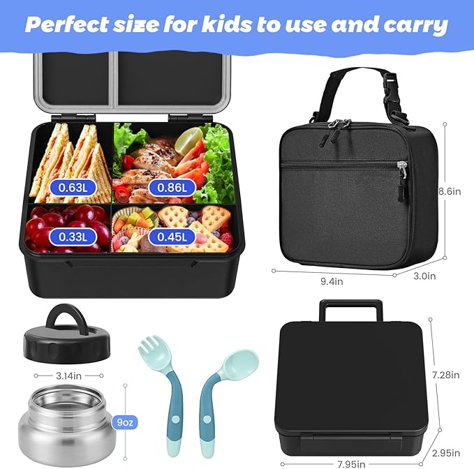 Kids Bento Lunch Box with Thermos, Leakproof Toddler Bento Box with 9 OZ Insulated Food Jar, Lunch Bag & Utensils 3 or 4 Compartment Container for School Girls Boys