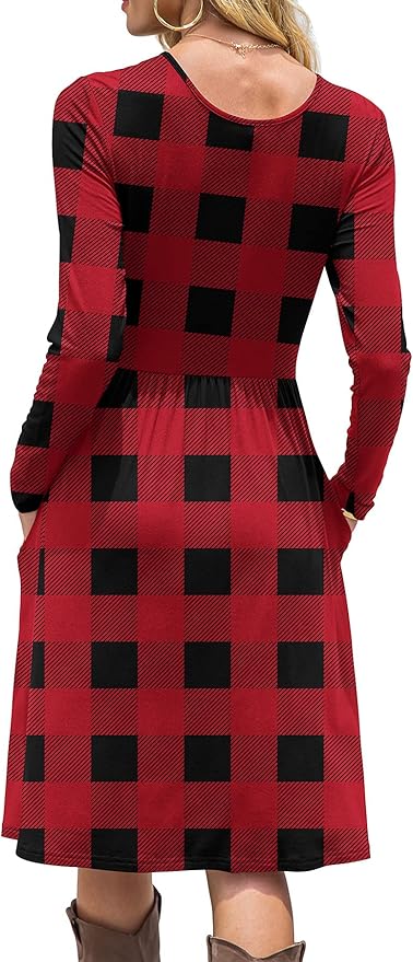 DB MOON Women Casual Long Sleeve Dresses Empire Waist Knee Length Loose Dress with Pockets