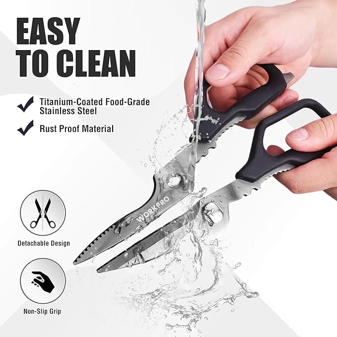 WORKPRO Kitchen Scissors, All Purpose Kitchen Shears with Detachable Titanium Coated Blades for Easy Cleaning, Heavy Duty Scissors for Meat, Fish, Nuts, Vegetables, Protective Cover Included