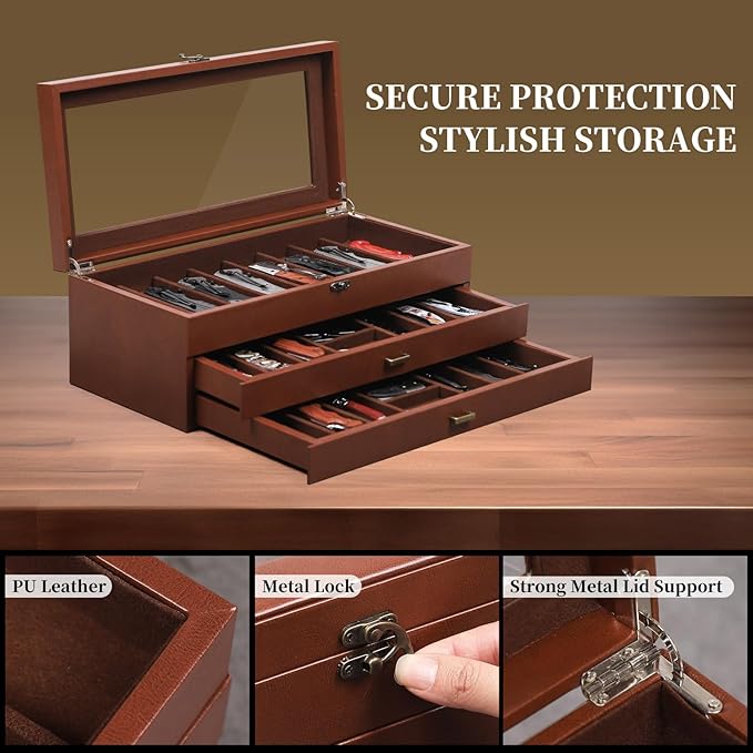 AUTOARK 3-Tier PU Leather & Velvet Knife Organizer with 26 Slots,Transparent Glass Top & Drawer,Compact Storage for Pocket Knives,Ideal for Men's Collections & Gifts,Coffee,MKAW013