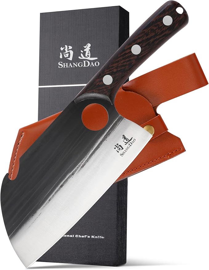 SHANGDAO 7" Deba Knife, Hand Forged Cleaver Butcher Knife for Meat Cutting, Japanese Kitchen Viking Knife with Sheath, Cooking Knife for Kitchen and Outdoor Camping, Thanksgiving Christmas Gifts