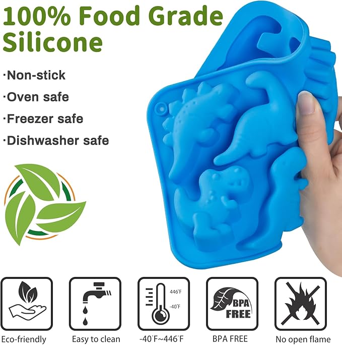 JOERSH 2Pcs Dinosaur Silicone Candy Molds Gummy Dinosaur Molds 8-Cavity Shaped with T-rex, Stegosaurus, Triceratops, Brontosaurus, Non-Stick for Chocolate, Cookie, Snacks, Cake Decorations