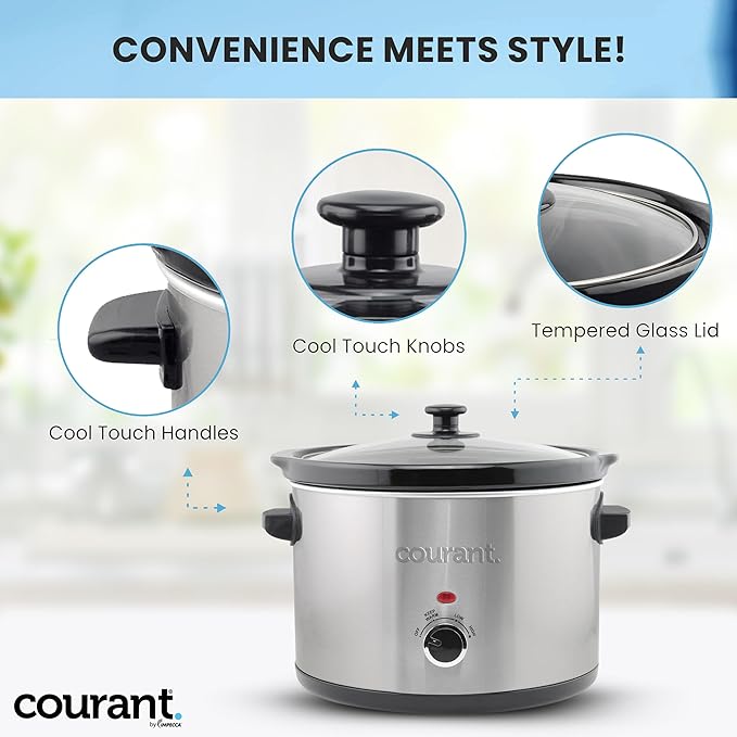 Courant Slow Cooker 5.5 Quart Crock, with Easy Cooking Options, Dishwasher Safe Pot and Glass Lid, Stainless Steel