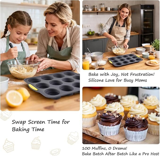Silicone Muffin Pan for Baking with Metal Reinforced Frame，Foldable Cupcake Pan 12 Cups for Baking Homemade Muffins,Nonstick Cupcake Baking Pan Molds for Oven Dishwasher Safe With Brush and scraper