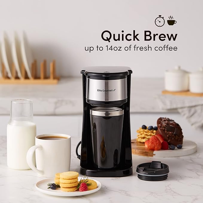 Elite Gourmet EHC112 Personal Single-Serve Compact Coffee Maker Brewer Includes 14Oz. Thermal Travel Mug with Stainless Steel Interior, Compatible with Coffee Grounds, Reusable Filter, Black