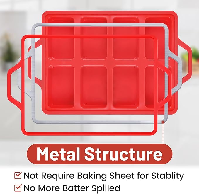 Mini Loaf Pans, Metal Reinforced Frame Silicone Mini Bread Loaf Pans 8 Cavities Nonstick for Baking Cornbread, Bread, Small Loaf, Brownie, Cheesecake, Chocolate 2 Pack Red
