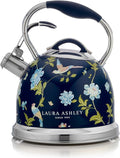 VQ Laura Ashley Elveden Navy 2.5L Stainless Steel Tea Kettle Stovetop Whistling Teapot for Induction, Gas Hob or others. Silicon Coated Cool Handle & Push Button Mechanism Vintage Stove Top Kettle
