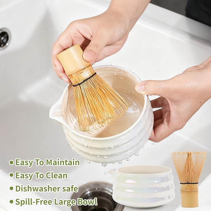 Matcha Whisk Set,Ceramic Matcha Set,Bowl With Spout, Powder Starter Sifter, Ceramic Whisk Holder, 8 pcs Matcha Tea Kit for Matcha Lovers