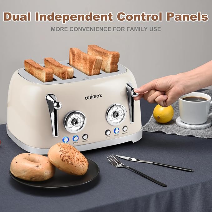 CUSIMAX Toaster 4 Slice, Retro Toaster with Wide Slots for Bagels, Stainless Steel toaster with 6 Toast Settings, Bagel, Cancel, Defrost & Reheat Functions, Dual Independent Control Panels, Cream