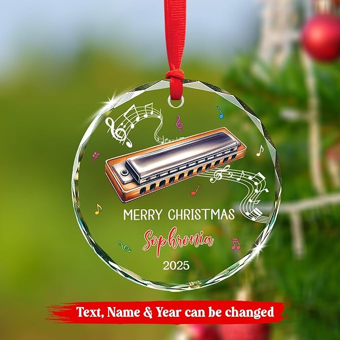 Harmonica Musical Instrument Glass Ornament Xmas 2025, Personalized Text & Name Instrument Christmas Ornament Gifts for Harmonica Player, Musician Xmas Keepsake, Custom Harmonicist Glass Ornaments