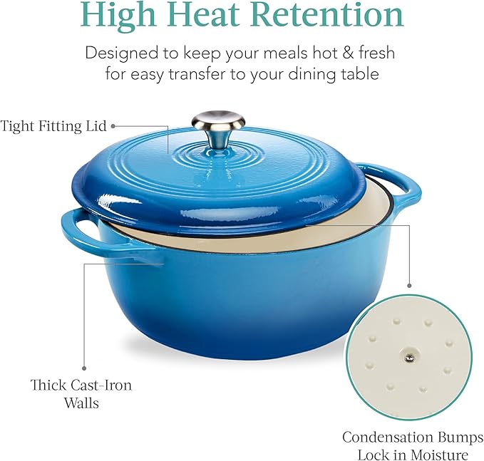 Best Choice Products 6 Quart Enamel Cast-Iron Round Dutch Oven, Family Style Heavy-Duty Pre-Seasoned Cookware for Home, Kitchen, Dining Room, Oven Safe w/Lid, Dual Handles - Blue