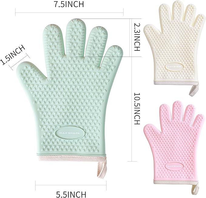 MAD SHARK Silicone Oven Mitts Heat Resistant 450 Degrees,Waterproof & Non-Slip Oven Gloves with Fingers,Cotton Lined Silicone Oven Gloves Kitchen Mitts for Baking Cooking Barbecue,Women (Green)