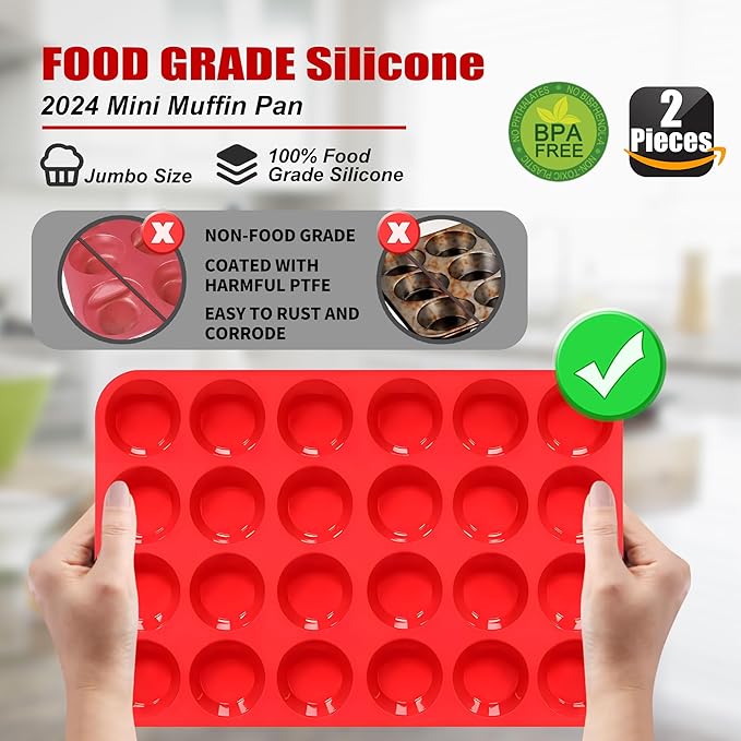 24 Cups Cupcake Pan,Mini Silicone Muffin Pan,Nonstick Food Grade Silicone Baking Cups,Great for Making Muffin Cakes, Tart, Bread - 2 PCS