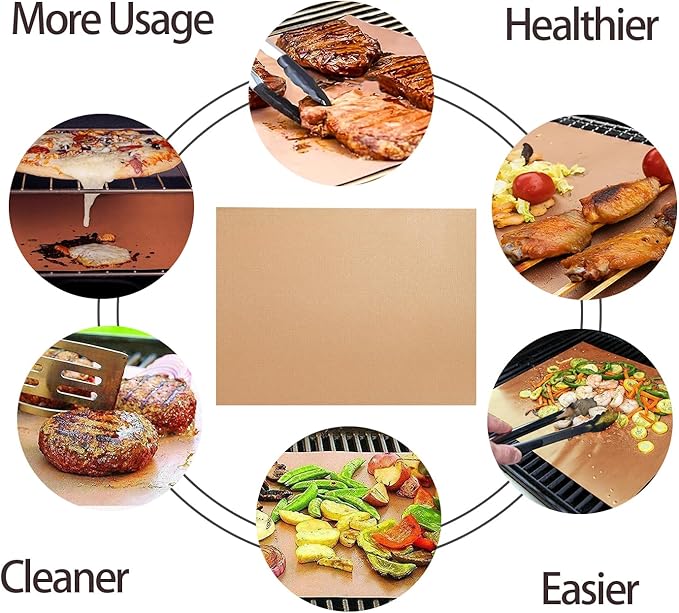 Renook Copper Grill Mats for Outdoor Grill, Set of 8 BBQ Grill Mat for Outdoor Gas Grill, Non-Stick Copper Cooking Sheets, 15.75 X 13 Inch