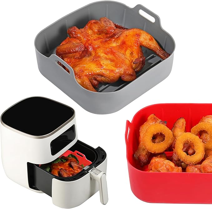 Air Fryer Silicone Liners, Pot 2 Pcs Reusable Non-Stick Air Fryer Basket Bowl Fit 3-6QT Air fryer Baking Replacement of Flammable Parchment Paper(Square, 7.5 Inch)
