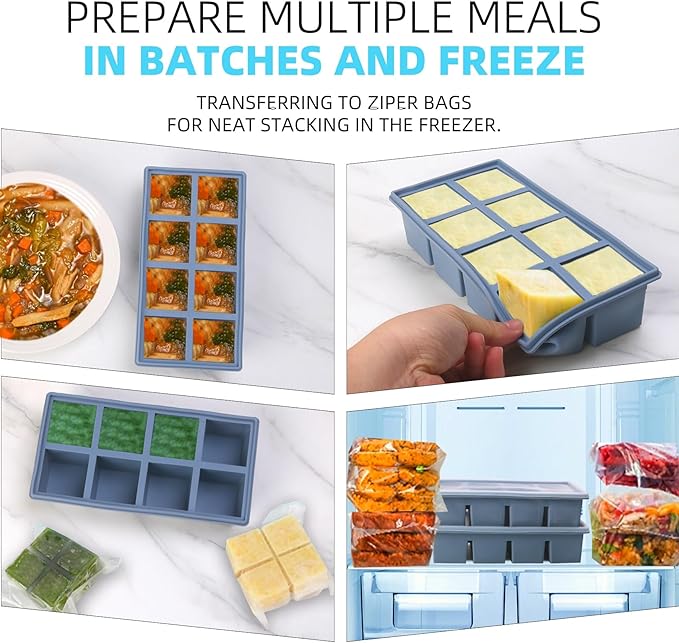 1/2 Cup Silicone Freezer Tray With Lid,Silicone Freezer Molds 3-Pack For meal prep & freezing of various sauces and other dishes, makes 24 perfect 1/2 cup portions cubes (Multicolor 3 Pack)