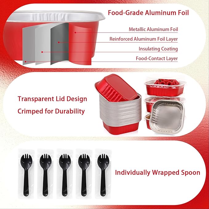 FORBFAN 8 oz Mini Disposable Cake Pans with Lids, 150 Pack Aluminum Foil Square Baking Cups with Spoons, Disposable Baking Cake Tins Red