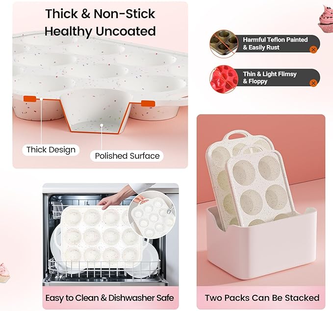 Silicone Muffin Pans for Baking with Metal Reinforced Frame 2 Pack with 24 Pack Individual Cupcake Containers, Nonstick Silicone Cupcake Pan for Baking Homemade Muffins, Dishwasher Safe BPA Free