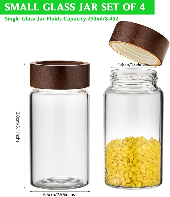 Small Glass Jars with Airtight Lid Clear Coffee Ground Storage Canister Wooden Lid Round Glass Spice Jar for Pantry Sugar Tea Bean Nuts Cookies Bath Salts (4×250ml(8.4oz))