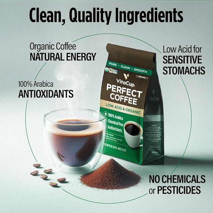 VitaCup Perfect Low Acid Coffee Beans, USDA Organic & Fair Trade, Mycotoxin Free, Dark Roast Guatemala Single Origin, Clean & Pure, Low Acidity, Whole Bean Coffee, 2 bags, 11oz each