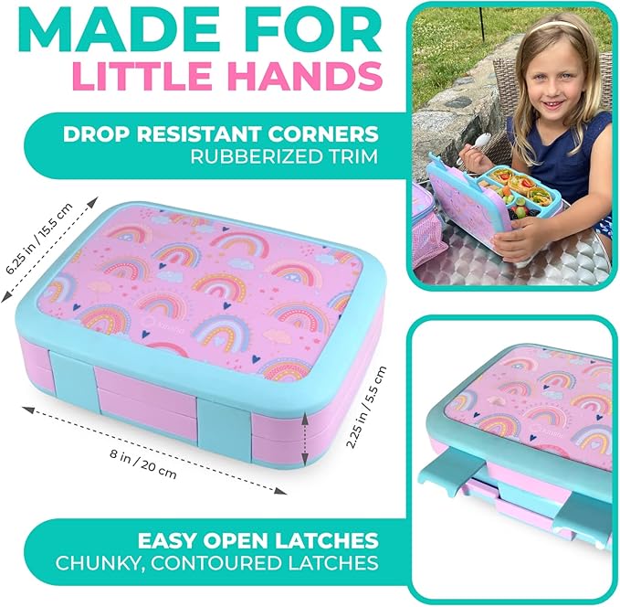 kinsho Kids Bento Lunch Box, Reusable Meal and Snack Container, Lunch Boxes For Small Girls & Toddlers Lunches, 4 Compartment - School, Daycare, Drop-Proof BPA Free, Purple Rainbow