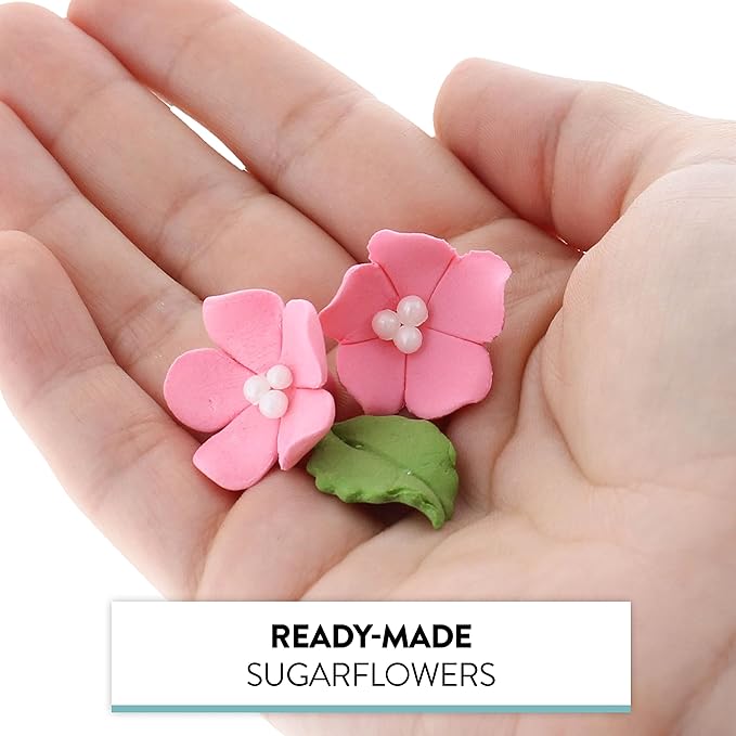 Global Sugar Art Blossoms and Leaves Edible Sugar Cake & Cupcake Flowers, Pink, Small Unwired, 24 Count with Leaves by Chef Alan Tetreault