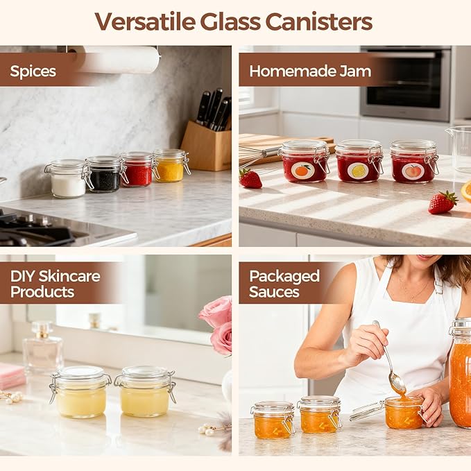 ComSaf 4oz Small Airtight Glass Jars Set of 6 with Lids Food Storage Jar Round, Mason Jar, Mini Storage Container with Clear Preserving Seal Wire Clip Fastening for Kitchen Canning, Jam, Spice, Honey