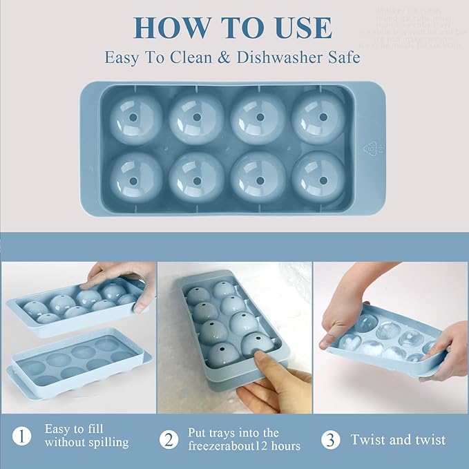 Round Ice Cube Mold,2 x 8 PCS x 1.8'' Whiskey Ice Cubes,Circle Ice Cube Tray with Lid and Bin,Sphere Ice Ball Maker Mold,Large Ice Cube Molds for Cocktails,Coffee(Whiskey Ice Cubes Mold,Blue)