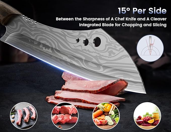 Butcher Knife, 10 Inch Meat Cleaver Chef Knife with Herb Stripper, Japanese Style High Carbon Steel Kitchen Knife for Chopping & Slicing, Damascus Pattern Full Tang Wood Handle Ideal for Gift