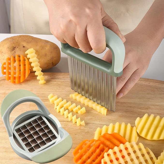 Crinkle Cutter and Potato Cutter 2 PCS, Wave Slicer Dicer Fry Cutter with Stainless Steel Blade Food-safe for Veggies, Handheld Vegetable Chopper, Salad Garnishing Tool, DishwasherSafe