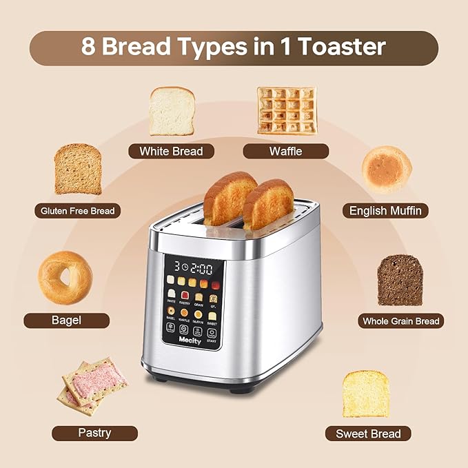 Mecity 2 Slice Toaster with Touch Screen & Auto Lift, Stainless Steel Cool-Touch Toaster with 8 Bread Settings, 5 Shade Levels, 1200W High Power, Keep Warm & Reheat Function, Stainless Steel, 120V