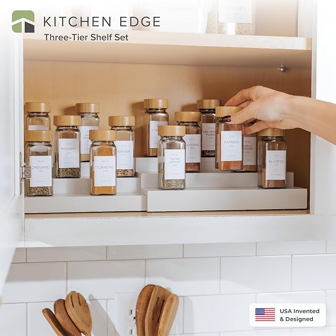 KitchenEdge Expandable Spice Rack Organizer for Cabinet, 3-Tier Shelf for Spice Organization (11” to 22”), Fits 36 Spice Jars, Seasoning and Pantry Storage, Non-Slip Feet, 100% Bamboo, White Finish