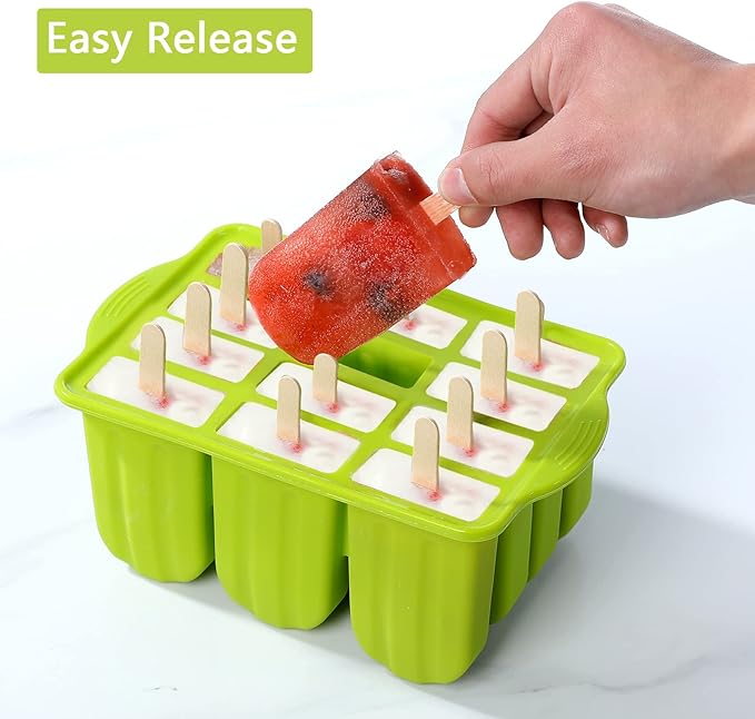 Popsicles Molds Set, 12 Cavity Homemade Maker Ice Pop Mold, Silicone Freezer Molds with 50 Popsicle Sticks 50 Popsicle Bags 50 Ties Funnel Recipes and Cleaning Brush