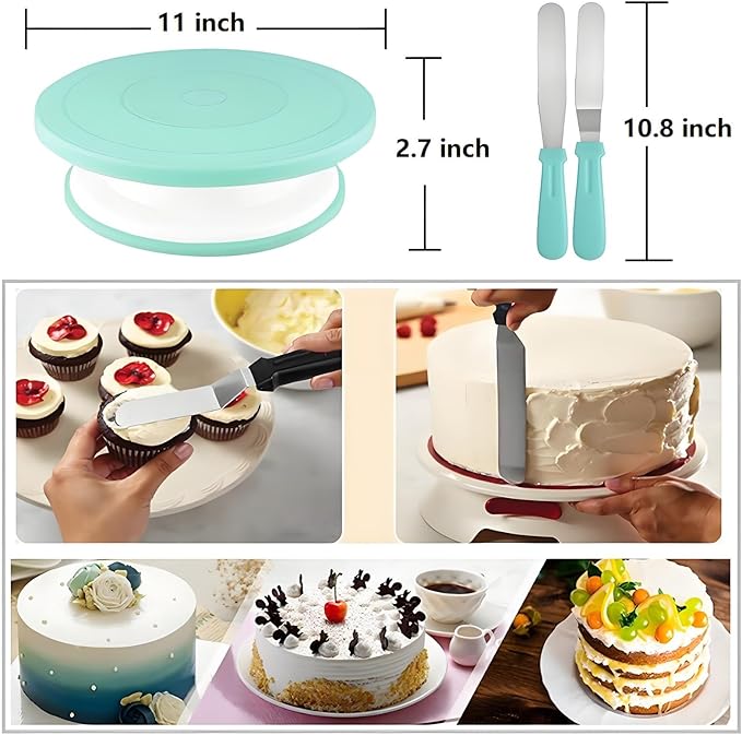 298 Pcs Cake Decorating Kit with Cake Turntable,Cake Leveler,24 Numbered Icing Tips,2 Spatulas,3 Comb Scrapers,8 Carved Pens,100 Pastry Bags,100 Paper Cupcake Liners, (Green)