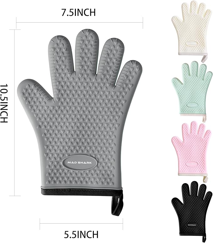 MAD SHARK Silicone Oven Mitts Heat Resistant 450 Degrees,Waterproof & Non-Slip Oven Gloves with Fingers,Cotton Lined Silicone Oven Gloves Kitchen Mitts for Baking Cooking Barbecue,Women,Oven (GREY1)