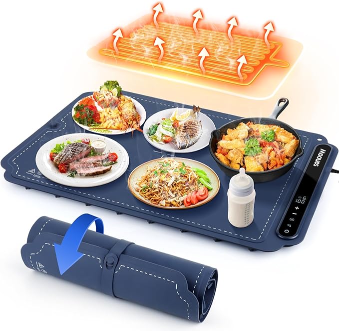 Electric Warming Tray, Portable Silicone Food Warming Mat, Versatile Full Surface Heating Food Warmer with 7 Level Temperature and 6 Hours Timer for Home Dinner, Parties and Buffets (Blue)