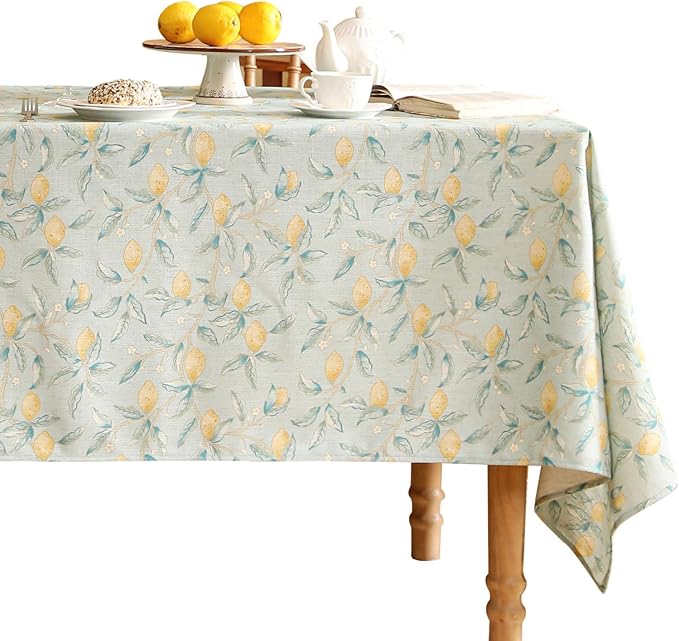 patdrea Designer Linen Green Tablecloth for Rectangle Table,Vintage Breathable Yellow Fruits Pattern Table Cloth,Decoration Cover for Kitchen Dining,Christmas,Thanksgiving,Party,63"x87"-Ania a